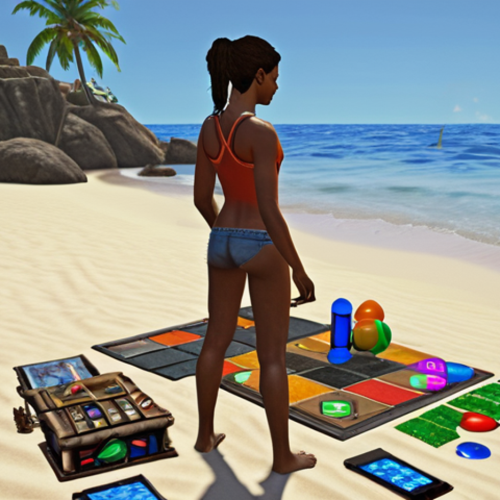 **A rookie Eternal Return player, overwhelmed but determined, standing on the Lumia Island beach. The player is surrounded by resource nodes and crafting materials, with the game's UI elements subtly visible. The scene emphasizes the initial confusion and excitement of starting the game.**