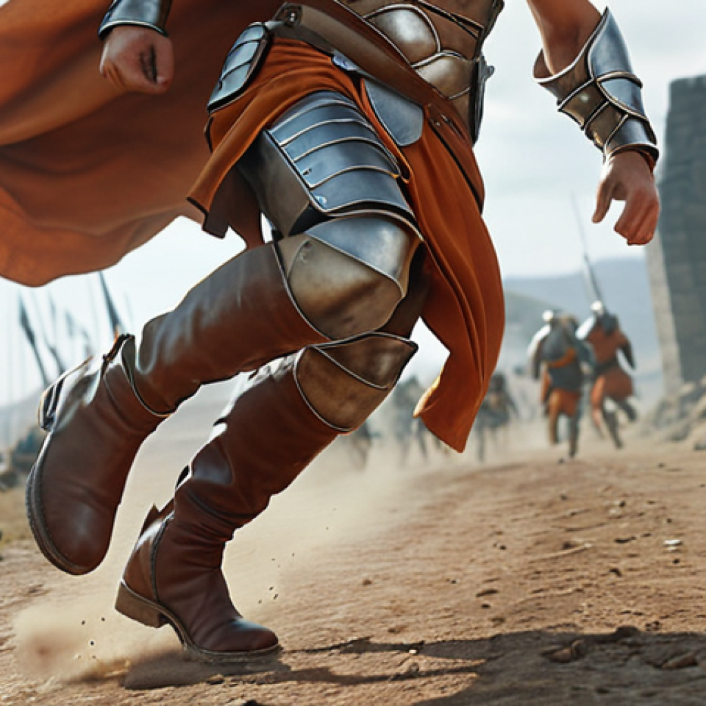 A character in Eternal Return wearing Hermes Boots, running quickly through a battlefield. The focus is on speed and agility.
