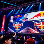 **Red Bull Eternal Return Esports Tournament:** A dynamic scene featuring Eternal Return characters amidst a high-energy esports tournament setting, with Red Bull branding prominently displayed on banners and cans. Focus on the intensity and excitement of the competition, highlighting the players' focus and skill. Capture the essence of Vietnamese esports culture.