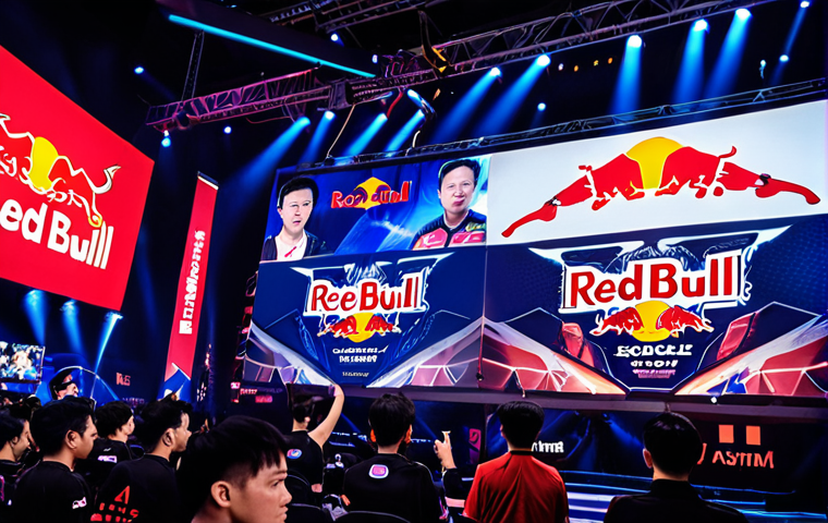 **Red Bull Eternal Return Esports Tournament:** A dynamic scene featuring Eternal Return characters amidst a high-energy esports tournament setting, with Red Bull branding prominently displayed on banners and cans. Focus on the intensity and excitement of the competition, highlighting the players' focus and skill. Capture the essence of Vietnamese esports culture.