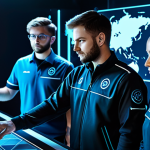 A diverse team of four professional eSports players, fully clothed in modest team uniforms, collaborating intently around a holographic tactical map in a high-tech strategy room. Each player is focused, pointing to different areas on the map, demonstrating clear communication and strategic planning. The background features subtle glowing data streams and futuristic equipment. safe for work, appropriate content, fully clothed, professional, perfect anatomy, correct proportions, natural pose, well-formed hands, proper finger count, natural body proportions, high quality, vibrant colors, studio lighting, highly detailed, clean composition.