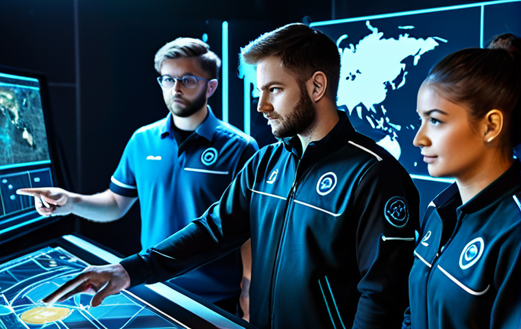A diverse team of four professional eSports players, fully clothed in modest team uniforms, collaborating intently around a holographic tactical map in a high-tech strategy room. Each player is focused, pointing to different areas on the map, demonstrating clear communication and strategic planning. The background features subtle glowing data streams and futuristic equipment. safe for work, appropriate content, fully clothed, professional, perfect anatomy, correct proportions, natural pose, well-formed hands, proper finger count, natural body proportions, high quality, vibrant colors, studio lighting, highly detailed, clean composition.